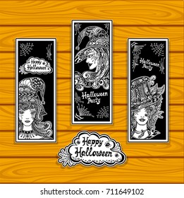 Set creative bookmarks for coloring on Halloween with witches black and white or creative stickers or for banners