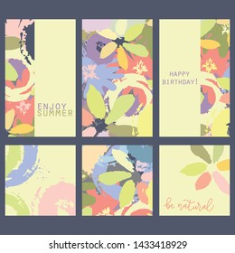 Set of creative botanical floral cards. Abstract hand drawn flowers in doodle summer tropical style. Elegant design for postcards, birthday, wedding, anniversary, Valentine's day, party invitations.