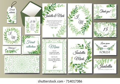 Set of creative botanical vector cards. Forest invite design for brochure, poster, flyer. Template for Wedding invitation, birthday. Herbs and leaves, green frames and wreath