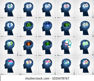 Set of Creative brain concept backgrounds with triangular grid. Artificial Intelligence concept. Vector science illustration