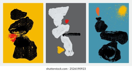 Conjunto de pincel criativo traçado cartaz minimalista. Mão desenhada preto abstrato círculo arte, semicírculo, mão desenhada rabiscar círculo. Composição do equilíbrio do modelo com pedra. Conceito de vetor de harmonia.