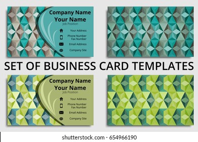 Set of creative business card templates with abstract design in green, teal, and gray shades