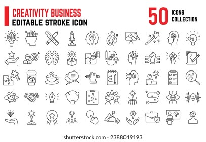 Set of Creative business editable icon set, icon also includes strategy, design, innovation, bulb, development. Creative Idea thin icon, simple set of creativity related vector line icons