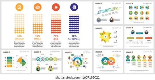 Set of creative business graphic designs for project management. Can be used for annual report, presentation slide, web design. Business concept with percentage, process and flow charts