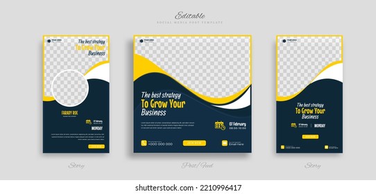 Set creative business idea social media post and story template with yellow white and blue color background