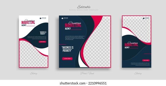 Set creative business idea social media post and story template with red white and blue color background for ads promotions