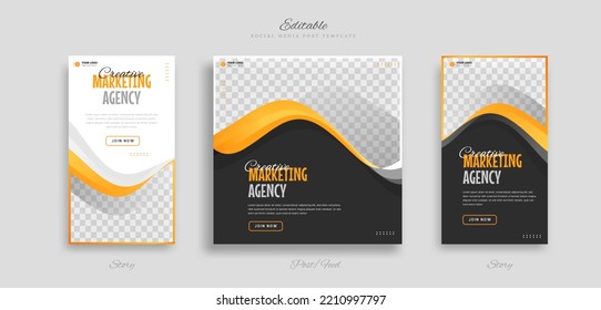 Set creative business idea social media post and story template with yellow white and black color background