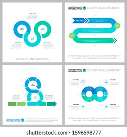 Set of creative business infographic designs. Can be used for workflow layout, report, presentation slide, web design. Business and accounting concept with timeline, doughnut and percentage charts