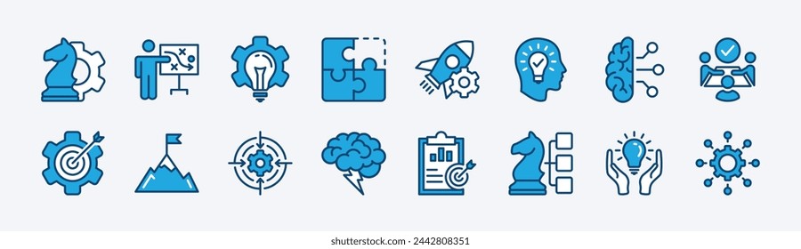 Set of creative business solutions icon vector. Containing strategy, creativity, idea, innovation, teamwork, startup, thinking, puzzle, discussion, brainstorm, goal, target, success management.	
