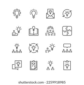 Conjunto de íconos relacionados con soluciones empresariales creativas, innovación, gestión de equipos, ideas, planes, crecimiento y vectores de variedad lineal.
