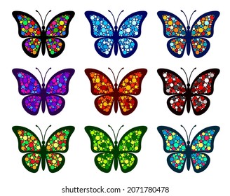 Set of creative butterflies with colorful dotted wings isolated on a white background. Outlines of butterfly are perfect for stickers, icons, business cards and gift certificates