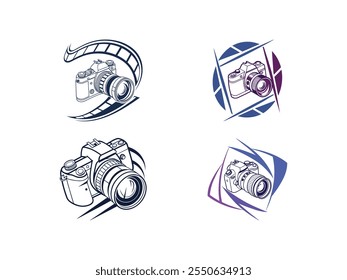 Conjunto de logotipos creativos de la cámara con el carrete de la película y los Elementos abstractos iconos del diseño de la Fotografía
