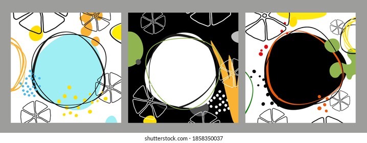 Conjunto de tarjeta creativa, cubierta y fondo con formas y colores abstractos.