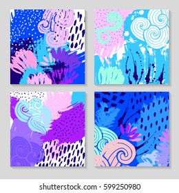 Set of creative card template and flyers. Set of artistic creative universal cards. Hand Drawn textures. Design for poster, flyer. Vector. Isolated.