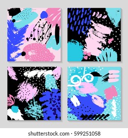 Set of creative card template and flyers. Set of artistic creative universal cards. Hand Drawn textures. Design for poster, flyer. Vector. Isolated.