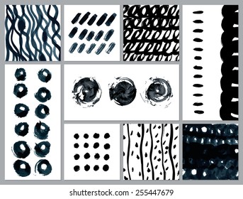Set of creative cards with blots and scribbles. Vector illustration.