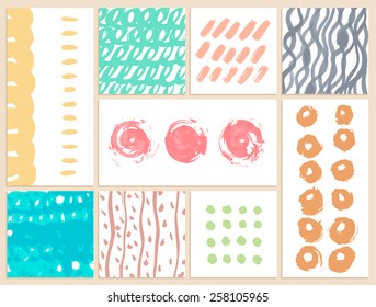 Set of creative cards with blots and scribbles. Vector illustration.