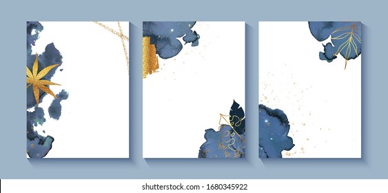 Set of creative cards with blue watercolor, gold spangles and hand drawn tropical plants. Design for greeting card, brochure, cover, invitation and more. Vector illustration.