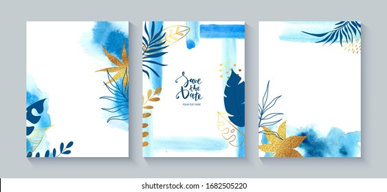 Set of creative cards with blue watercolor, golden sequins and hand drawn tropical plants.Vector decorative greeting card or invitation design background.