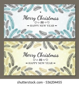 Set of creative cards. Christmas Posters with Winter plants on a white background. Greeting card. Modern lettering "Merry Christmas and happy new year". Holiday backdrop. Vector illustration. 