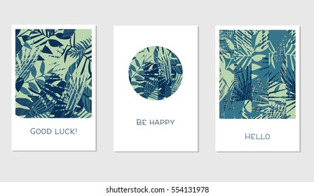 Juego de tarjetas creativas con coloridas hojas tropicales para el banner, póster, invitación, folleto, volante, etc.