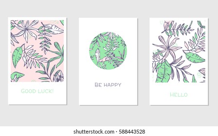 Set of creative cards with colorful tropical leaves for Banner, Poster, Invitation, Brochure, Flyer etc