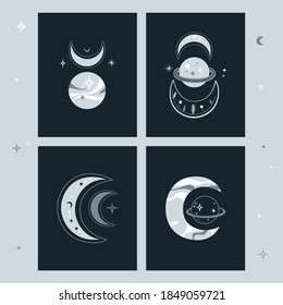 Set of creative cards with crescent moon and planets. Ethnic Posters set. Vector illustration.