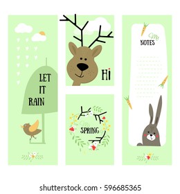 Set of creative cards design. Notes, stickers, labels, tags with cute animals. Template for scrapbook, wrapping, congratulations. Vector wishes with cute animals and flowers.