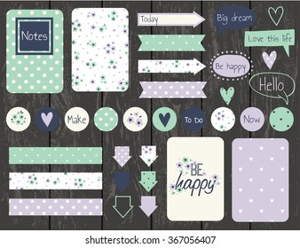 Set of creative cards design, tape, stickers, labels. Vector design templates for journal cards, scrapbooking cards, greeting cards, gift cards, patterns, blogging.