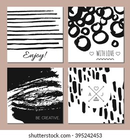 Set of creative cards - freehand drawn. Hand Drawn textures made with ink. Vector isolated on background
