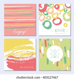 Set of creative cards - freehand drawn. Colorful Hand Drawn textures made with ink. Vector isolated on background