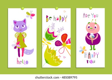 Set of creative cards with funny monsters and flowers. Birthday, party invitations, scrapbooking. Hand Drawn design elements isolated on white. Bright, multicolored, humor. Vector illustration. 