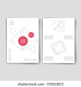 Set of creative cards with geometric hipster icons. Trendy hipster logotypes. Polygonal icons. Templates. Design Set of Web, Mail, Brochures, Flyer, Technology, and Infographic Concept.