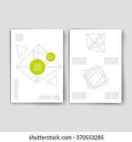 Set of creative cards with geometric hipster icons. Trendy hipster logotypes. Polygonal icons. Templates. Design Set of Web, Mail, Brochures, Flyer, Technology, and Infographic Concept.