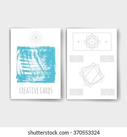 Set of creative cards with geometric hipster icons. Trendy hipster logotypes. Polygonal icons. Templates. Design Set of Web, Mail, Brochures, Flyer, Technology, and Infographic Concept.