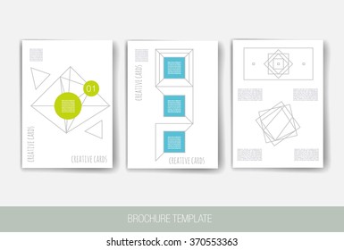 Set of creative cards with geometric hipster icons. Trendy hipster logotypes. Polygonal icons. Templates. Design Set of Web, Mail, Brochures, Flyer, Technology, and Infographic Concept.