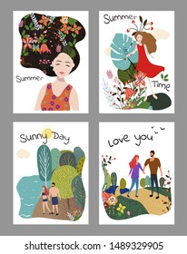 Set of creative cards with hand drawn flowers, tree, people. Art landscape with forest river, tropic leaves. Travel design cards with woman, man.