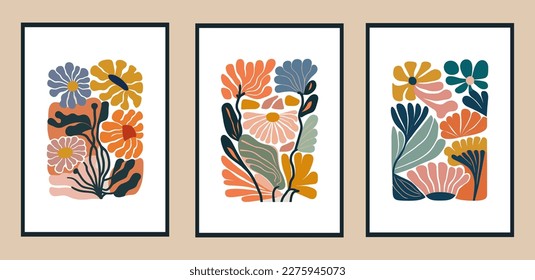 Juego de cartas creativas con elementos florales dibujados a mano. Ilustración vectorial. Estilo de color plano