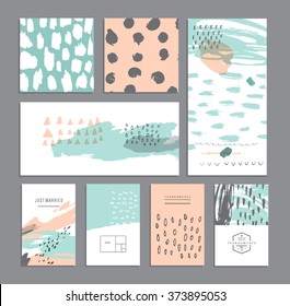 Set of creative cards. Hand Drawn textures made with ink. Wedding, anniversary, birthday, Valentin's day, party invitations. Vector. Isolated.