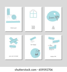 Set of creative  cards with hand drawn elements and torn texture. Unusual design for wedding, party invitations, fashion, brochure, postcard, anniversary, business card, cover, scrapbook, etc. Vector
