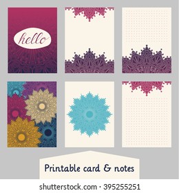 Set of creative cards with mandalas design. Template for scrapbooking, wrapping, congratulations, invitations, printable card, planner, wedding invitation, notebooks, diary. Vector.