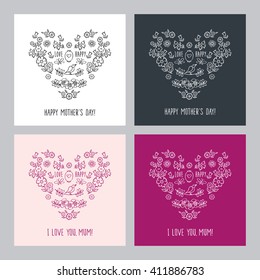 Set of creative cards for Mother's Day. Template for Greeting Congratulations, Invitations. Vintage hearts of flowers. Hand drawn floral elements. Doodles, sketch. Vector.