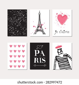 Set of creative cards with Paris theme design. Vector design templates for greeting / gift cards, flyers, posters, banners, patterns, art decoration etc.