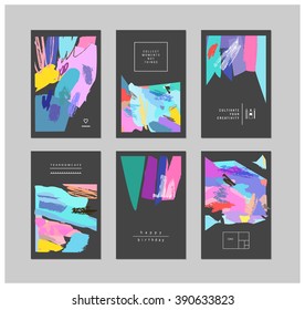 Conjunto de tarjetas y carteles creativos con formas de contorno geométrico. Lotipos hipster de moda. Iconos poligonales con fondo artístico. Vector. Aislado.