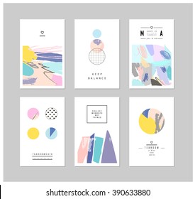 Set kreativer Karten und Plakate mit geometrischen Rahmenformen und Kristallen. Trendy Hipster Logotypes. Polygonale Symbole mit künstlerisch-farbigem Hintergrund. Vektorgrafik. Einzeln.