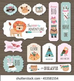 Set of creative cards templates with cute tribal animals and quotes.