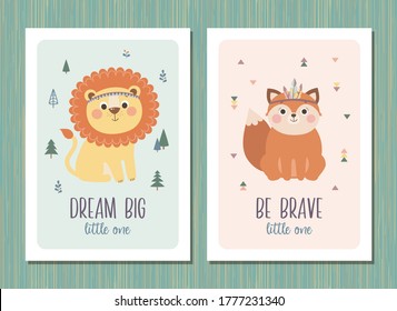 Set of creative cards templates with tribal cartoon animals and quote, vector illustration