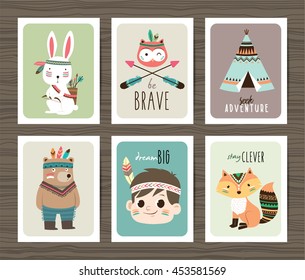 Set of creative cards templates with tribal cartoon animals and quotes