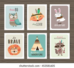 Set of creative cards templates with tribal cartoon animals and quotes