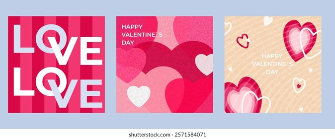 A set of creative cards for Valentine s Day. Modern abstract art design with hearts and geometric shapes. Vector illustration
